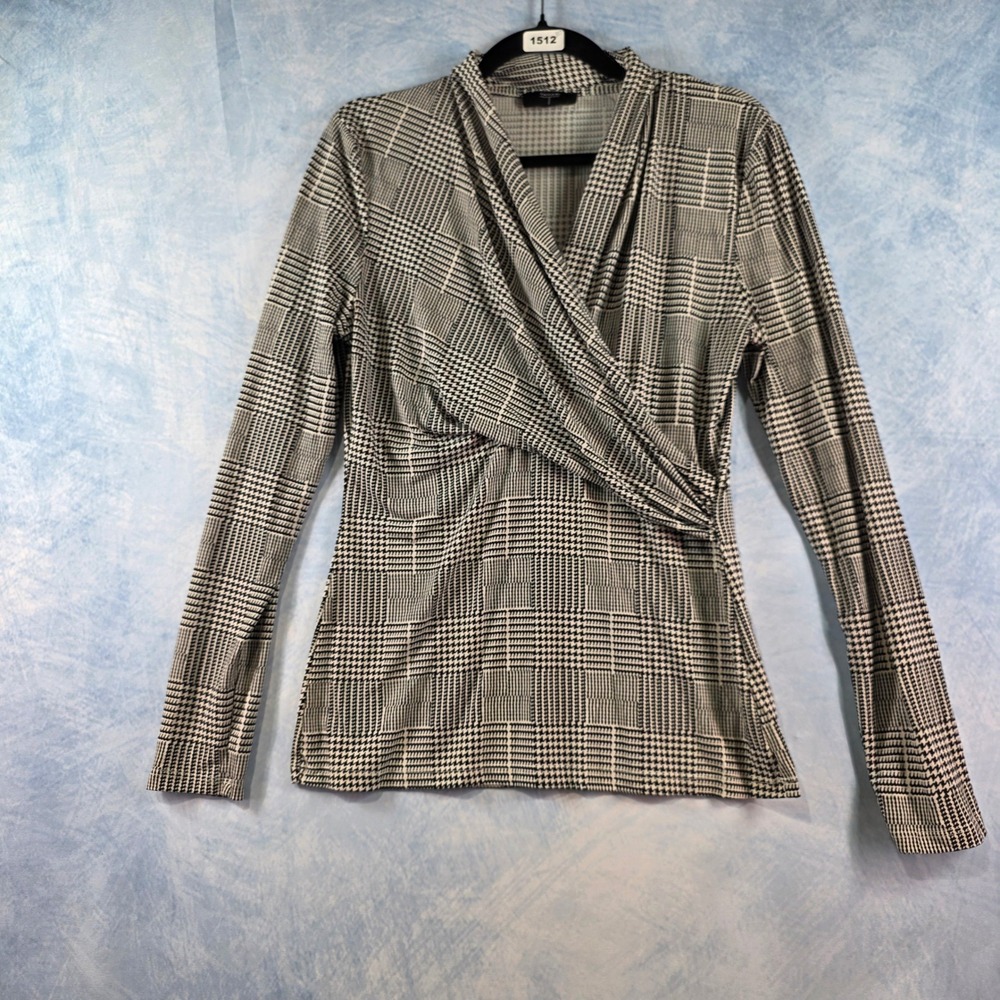 Tahari Womens Glen Plaid Houndstooth Wrap Front Long Sleeve Blouse Black White M